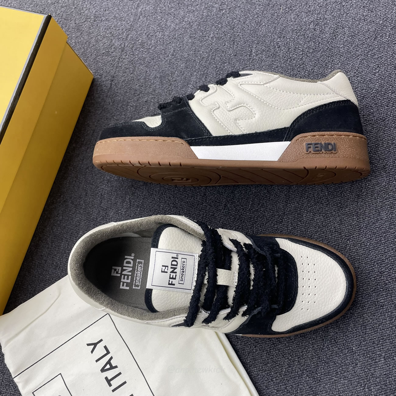 Fendi Match Cream Black White Suede And Leather Low Top Sneakers (6) - newkick.org